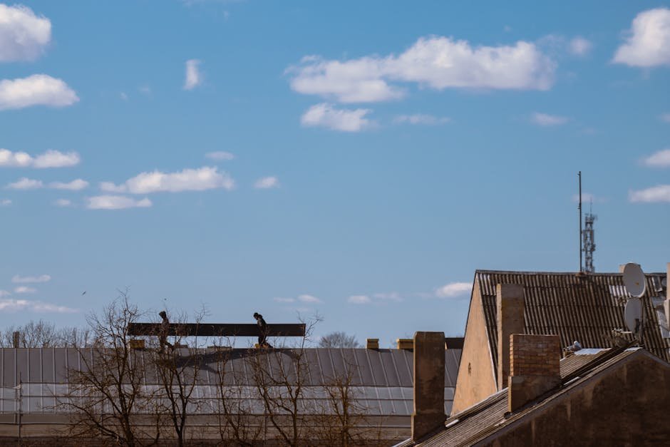 Roofer checking their company website on a phone while on a roof job site